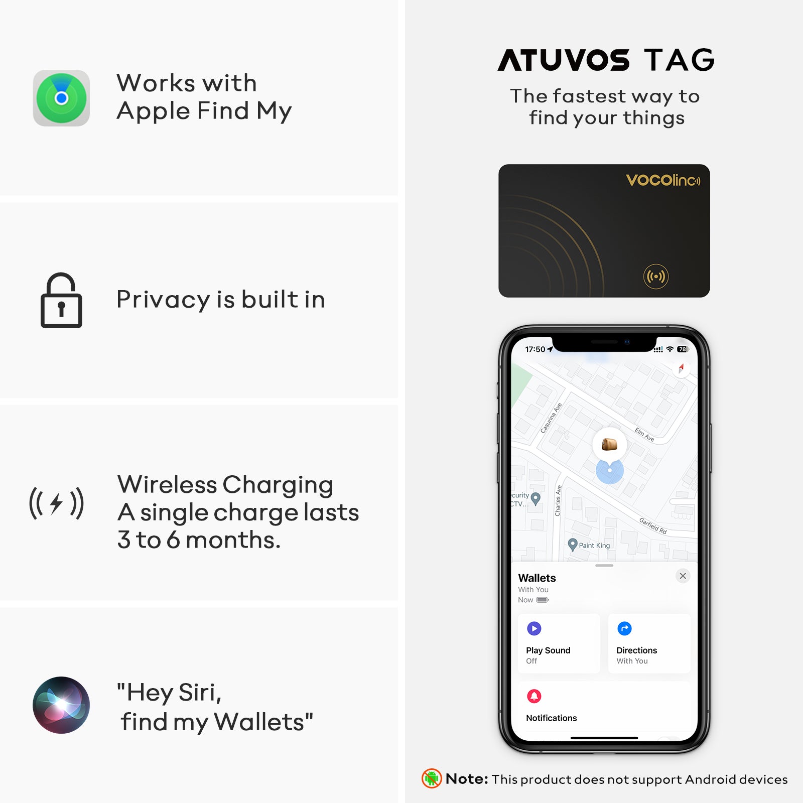 VOCOLINC VT2403 Rechargeable Wallet Tracker Card Thin Finder 1.6mm, Rechargeable style Smart Card Air Tag Works with Apple Find My (iOS Only), 1 Pack