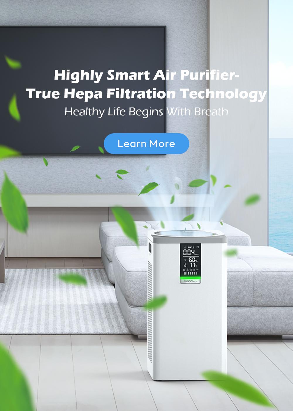 VOCOlinc Smart Air Purifier.Pre-filter, advanced HEPA filter, and hive pattern activated carbon filter can effectively block the spread of pet hair, dust, smoke, PM2.5, odor, formaldehyde, bacteria, fungi, and other substances, and give you more pure air.
