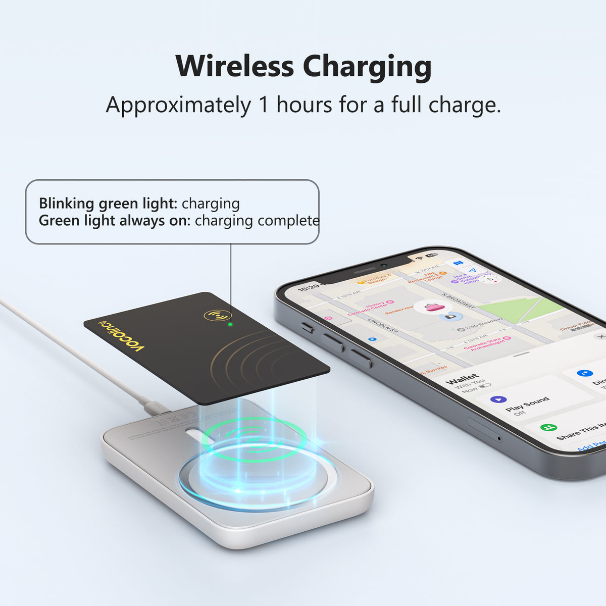 VOCOLINC VT2403 Rechargeable Wallet Tracker Card Thin Finder 1.6mm, Rechargeable style Smart Card Air Tag Works with Apple Find My (iOS Only),  1 Pack