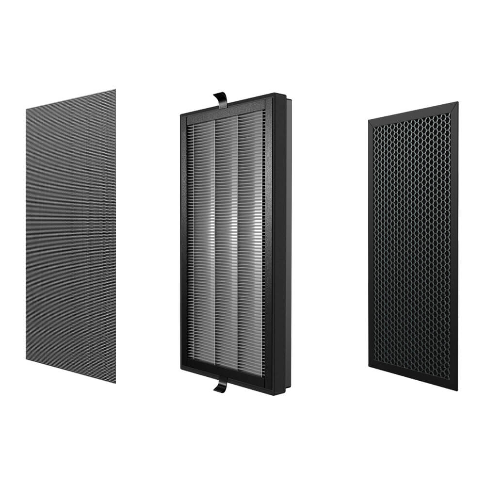 Our air purifier filter set consists of three parts: pre-filter, advanced HEPA filter, and hive pattern activated carbon filter.