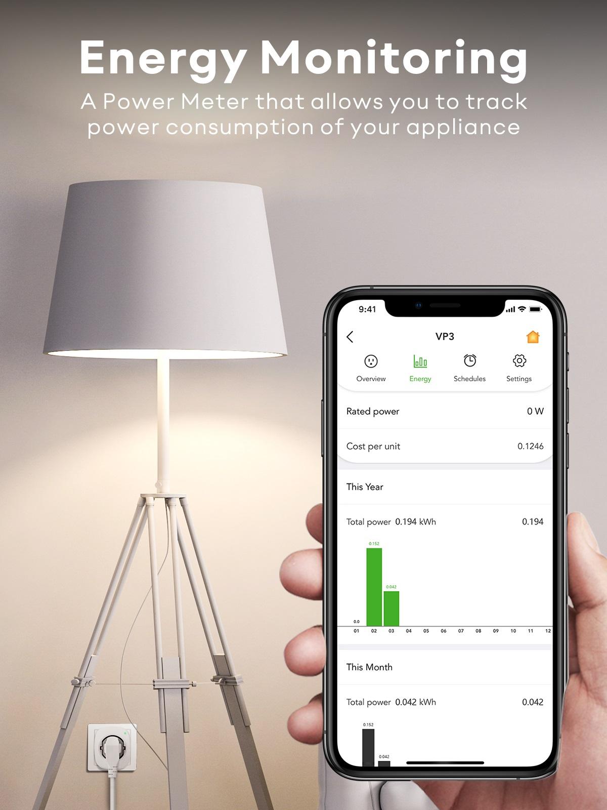 【Energy monitoring】: VOCOlinc VP3 smart WiFi socket with power monitor can monitor the consumption of connected devices, and you can see the power consumption of your devices at any time in the app.